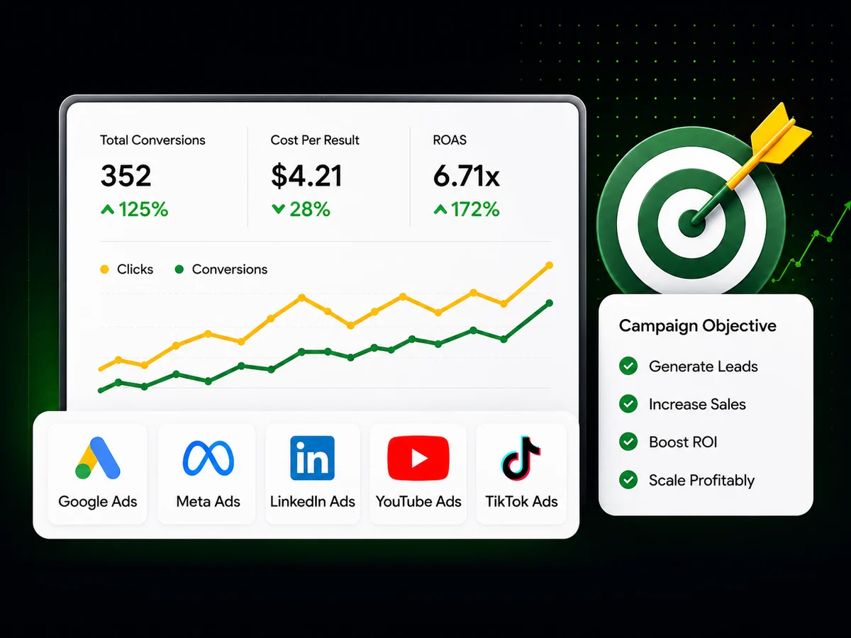 Paid ads performance dashboard and campaign objective visual