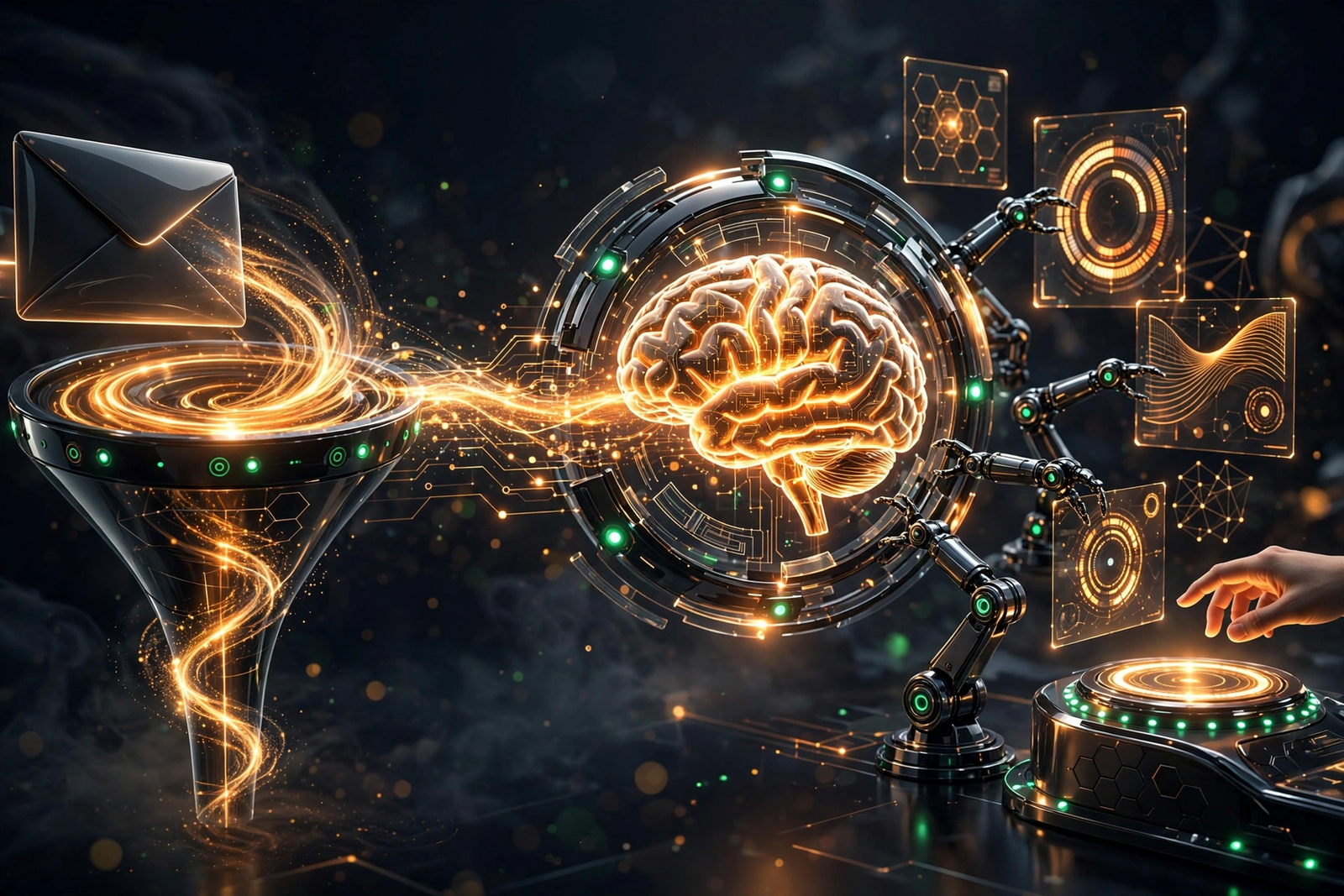 AI agent workflow: request enters, AI core decides, tools act, human approves