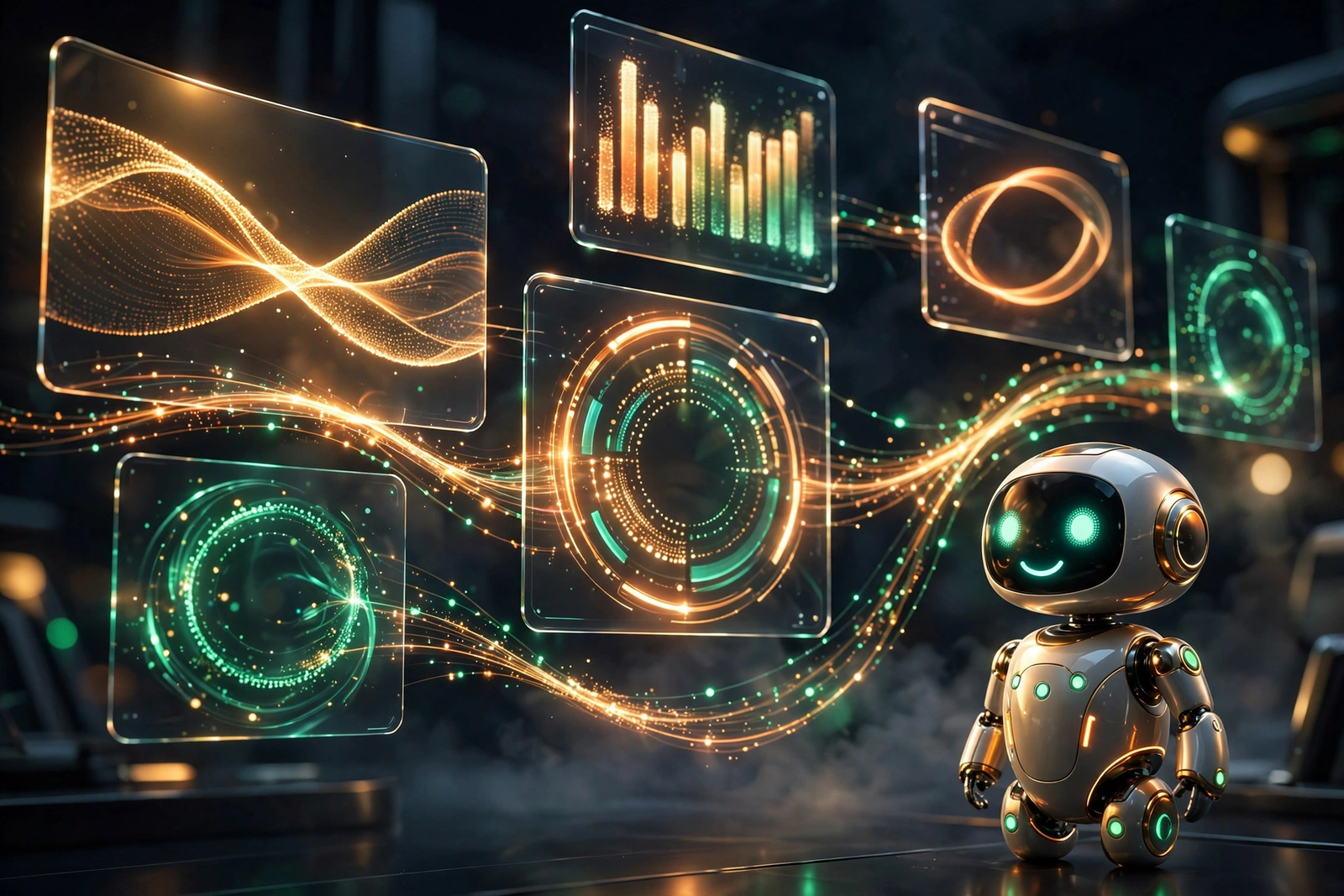 AI automation command center: floating holographic dashboards, charts and a robot assistant