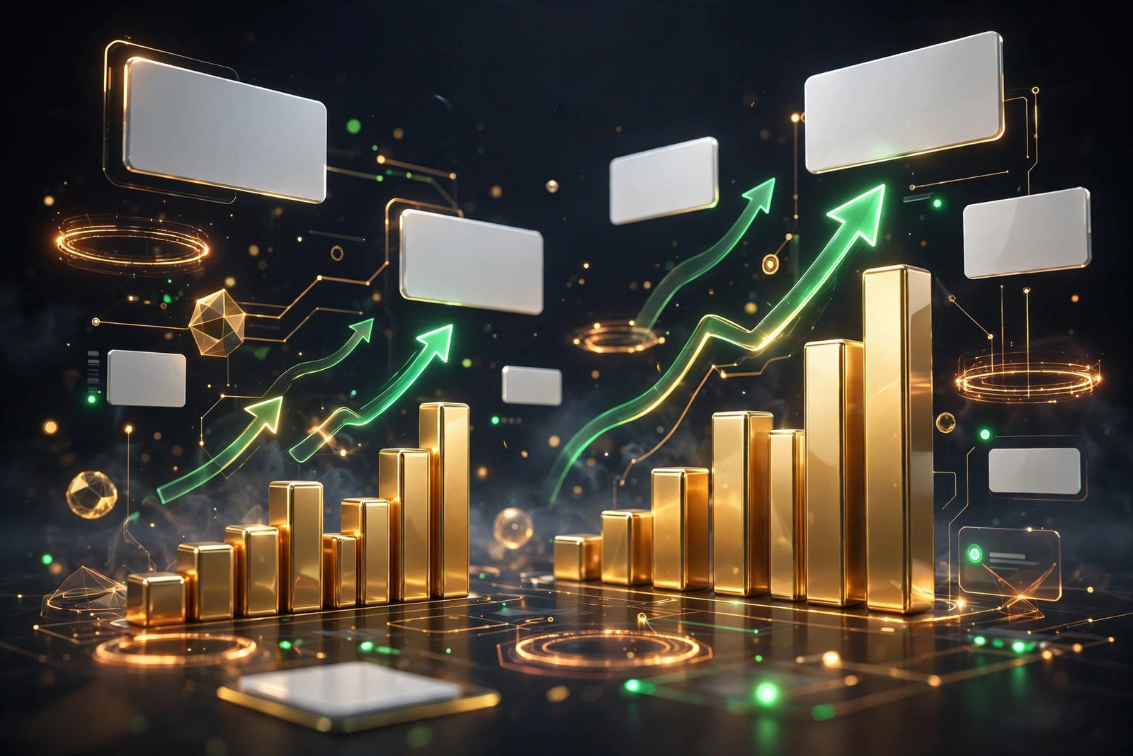 Automation results dashboard: rising golden charts and green trend arrows