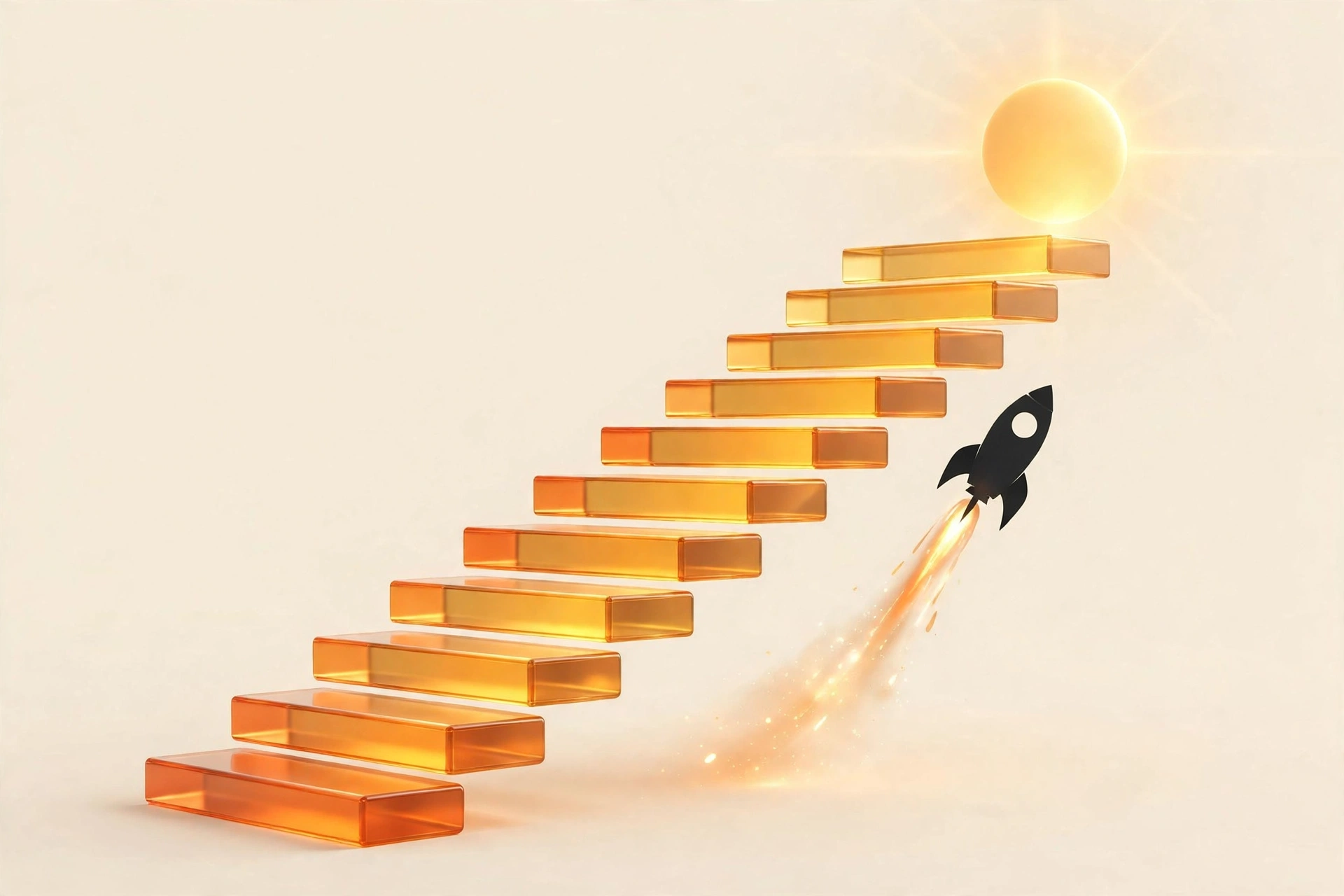 Golden staircase ascending toward a bright sun with a rocket launching — business growth through better copy