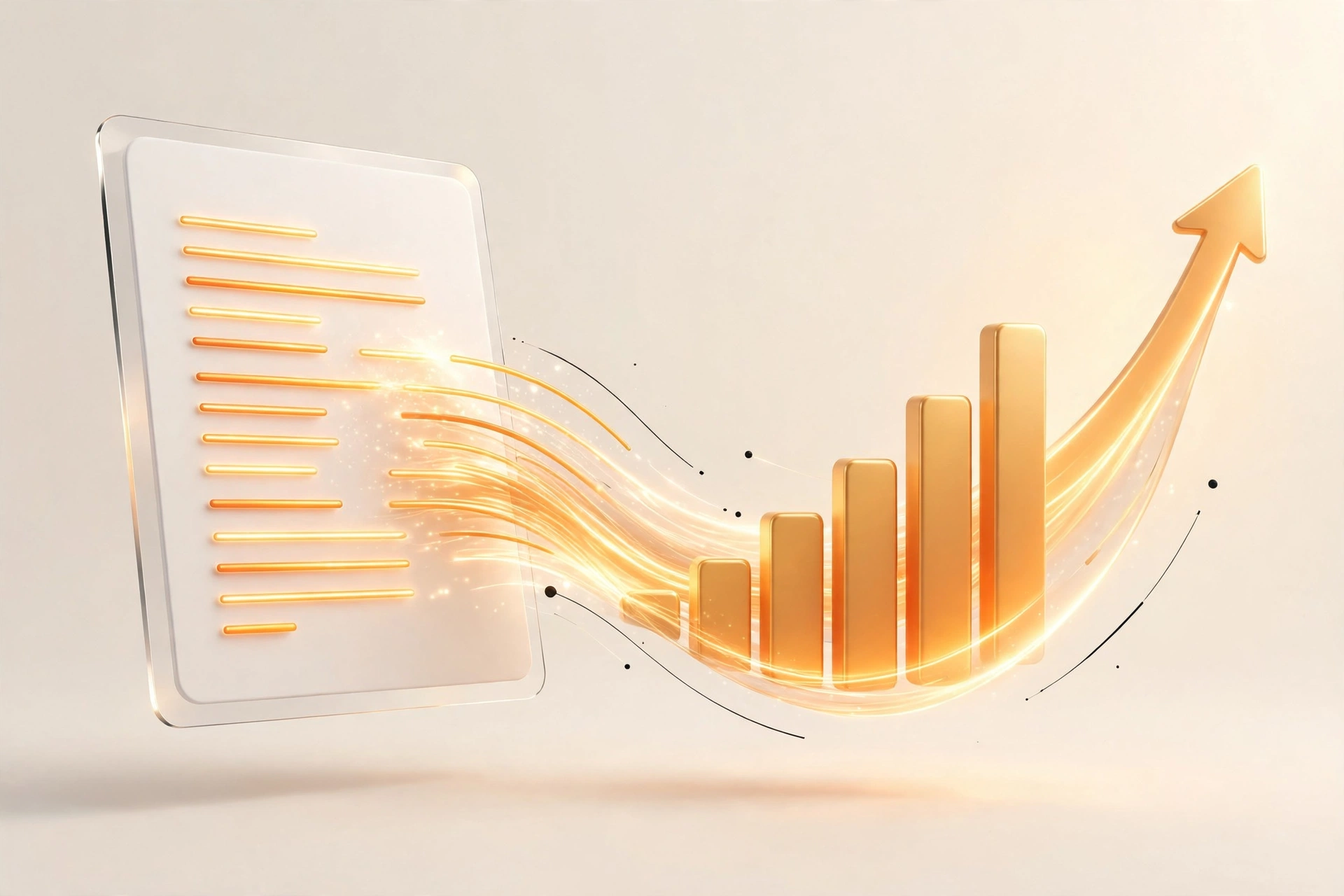 Golden document transforming into a rising growth chart — conversion copywriting that drives revenue