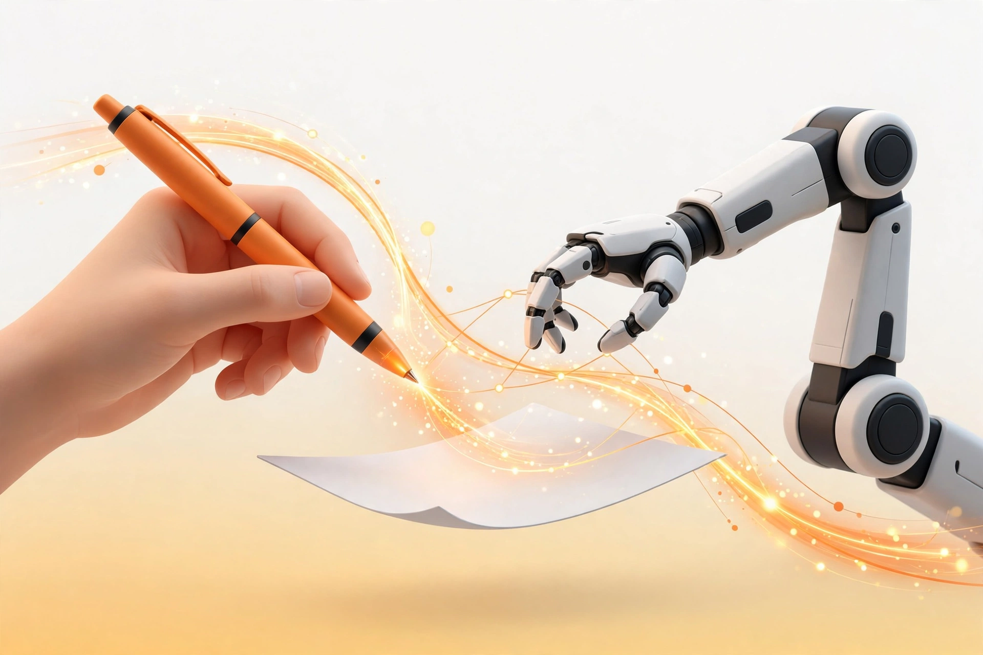 Human hand with orange pen collaborating with an AI robot arm over a document