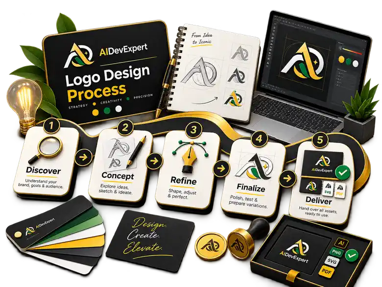 Five-step logo design process from discovery to delivery