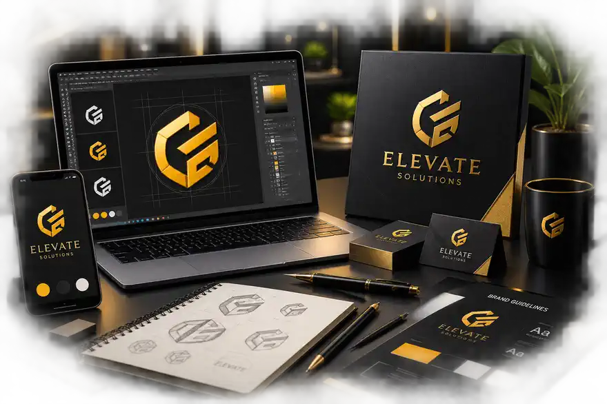 Logo design studio scene with sketch and digital construction