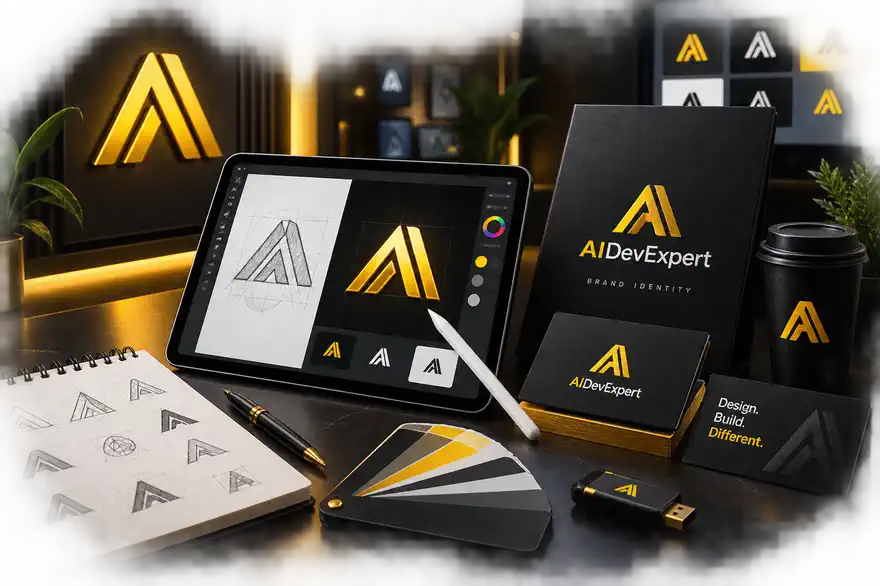 Premium logo design and brand identity studio scene