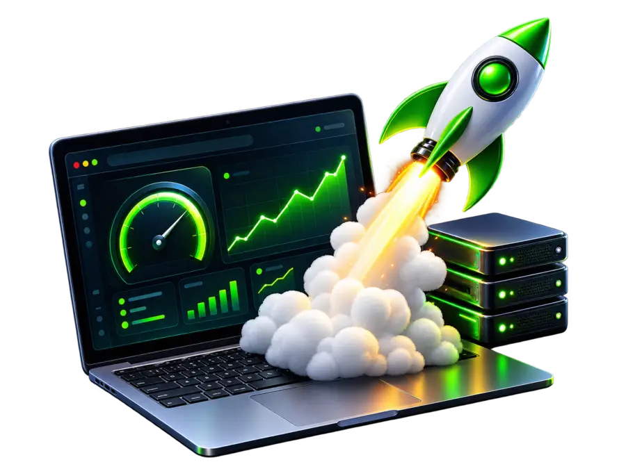 Website performance dashboard with optimization rocket and server visuals