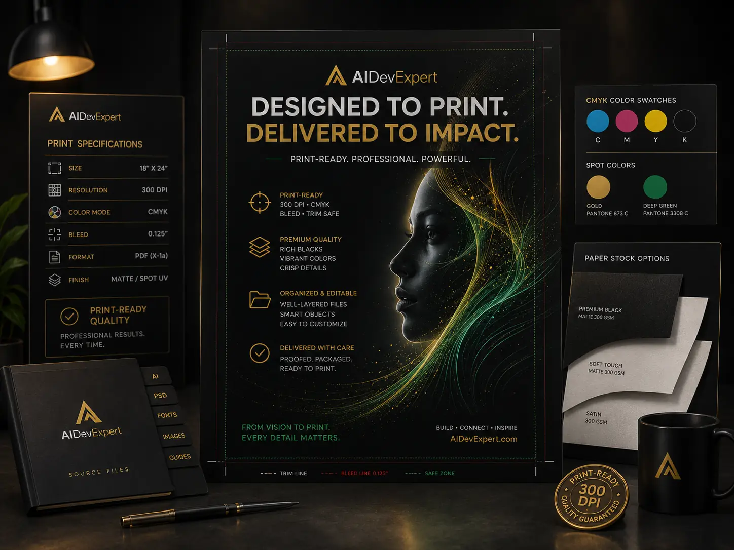 Poster print production concept showing bleed, safe zones and CMYK preparation