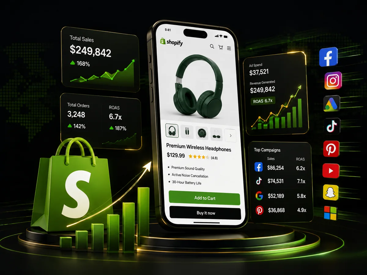 Shopify ecommerce advertising dashboard and product campaign illustration