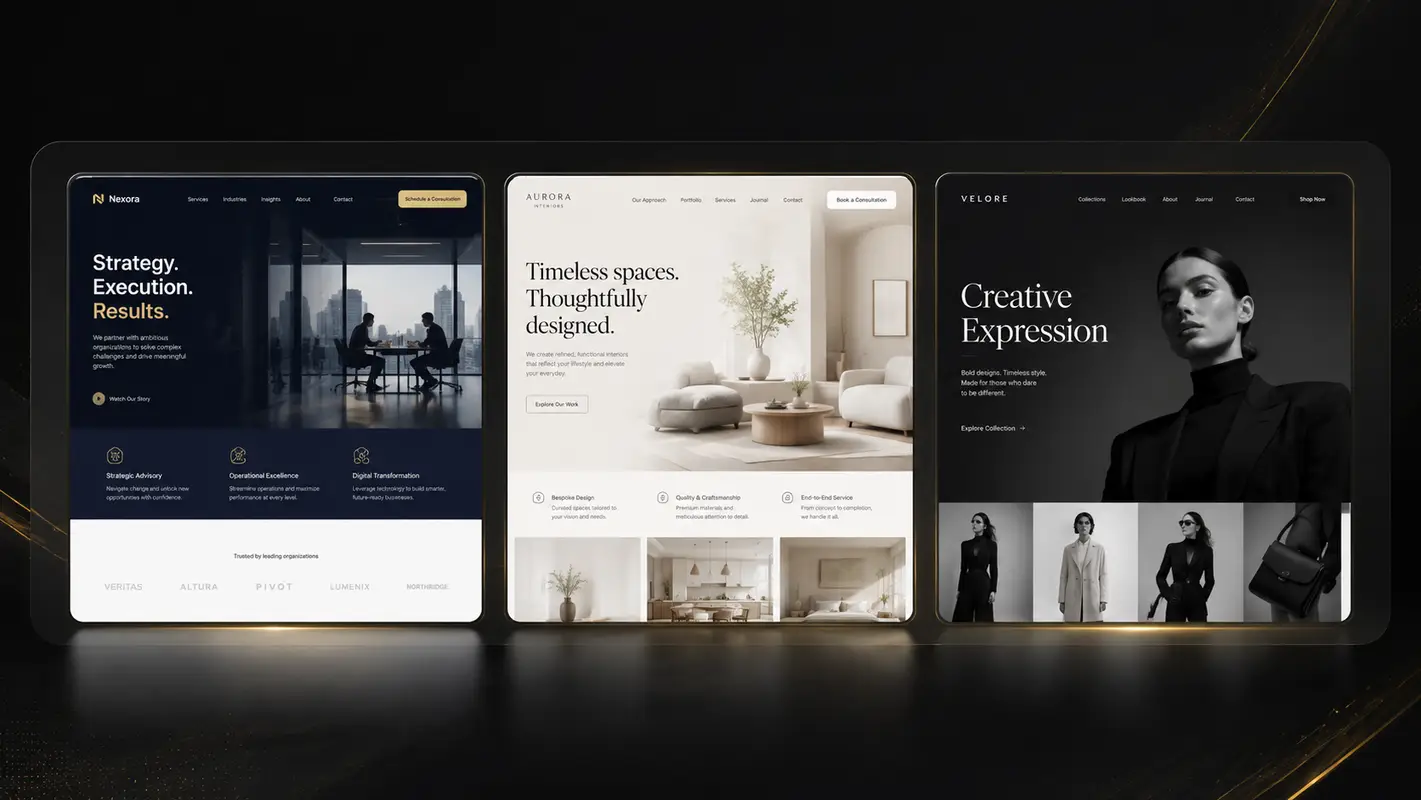 Three premium website design directions for corporate, interior and creative brands