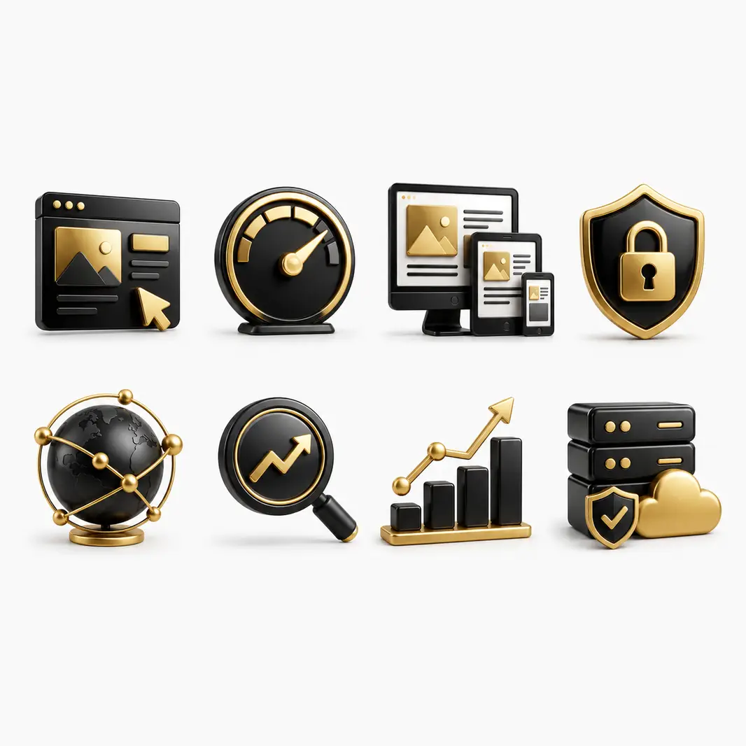 Squarespace performance, responsive, security and analytics technology icons