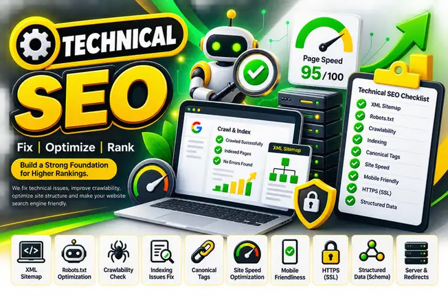 Technical SEO performance and crawlability dashboard illustration