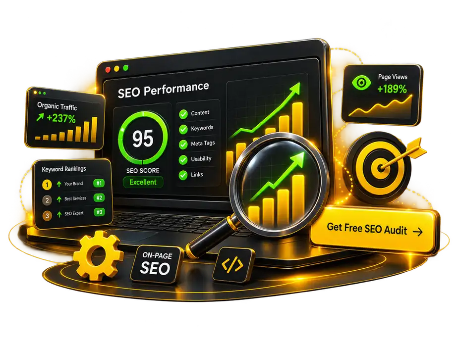 Technical SEO audit and performance dashboard illustration