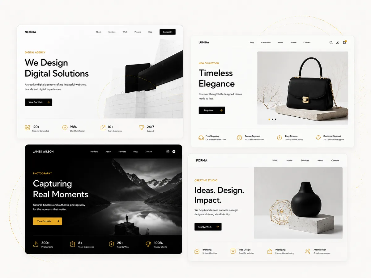 Different premium website design directions for agency, ecommerce, portfolio and creative studio websites