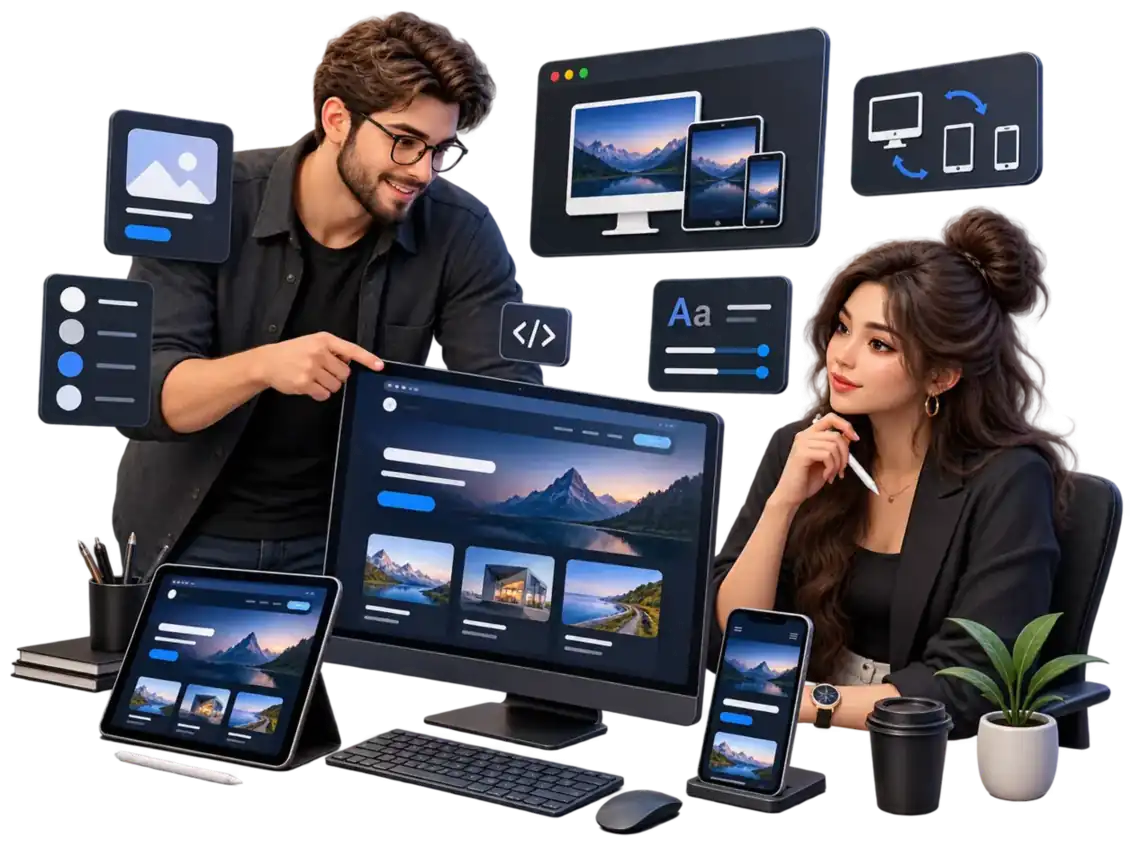 Website development team collaborating around responsive website design and development previews