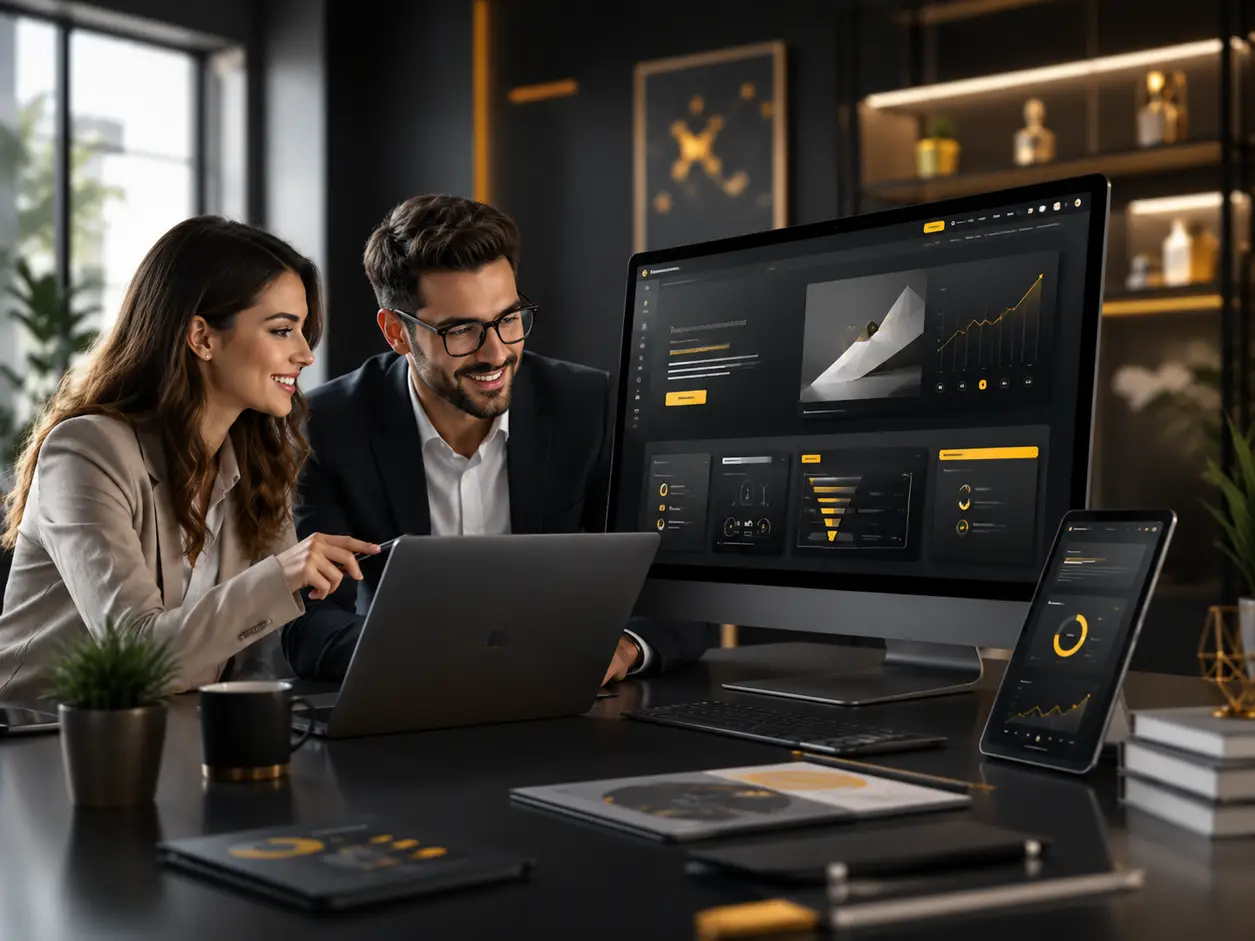 Website dashboard illustrating content management, responsive design, SEO and performance monitoring