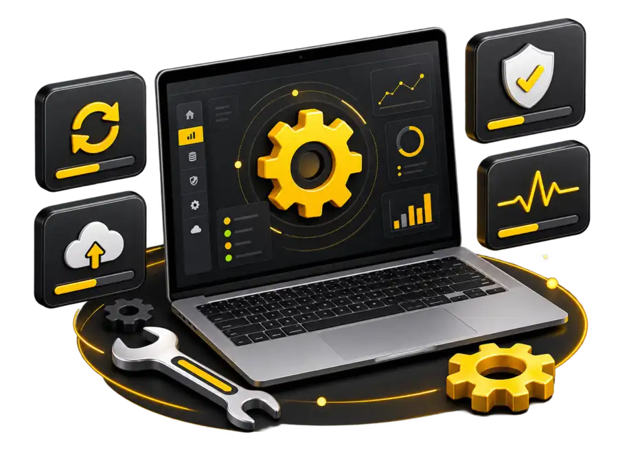 Website maintenance dashboard showing security, backups, performance and support