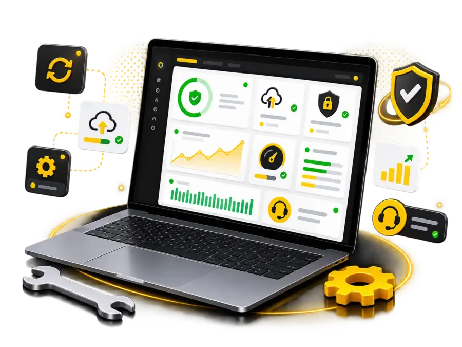 Website maintenance workstation with updates, backup, security and performance controls