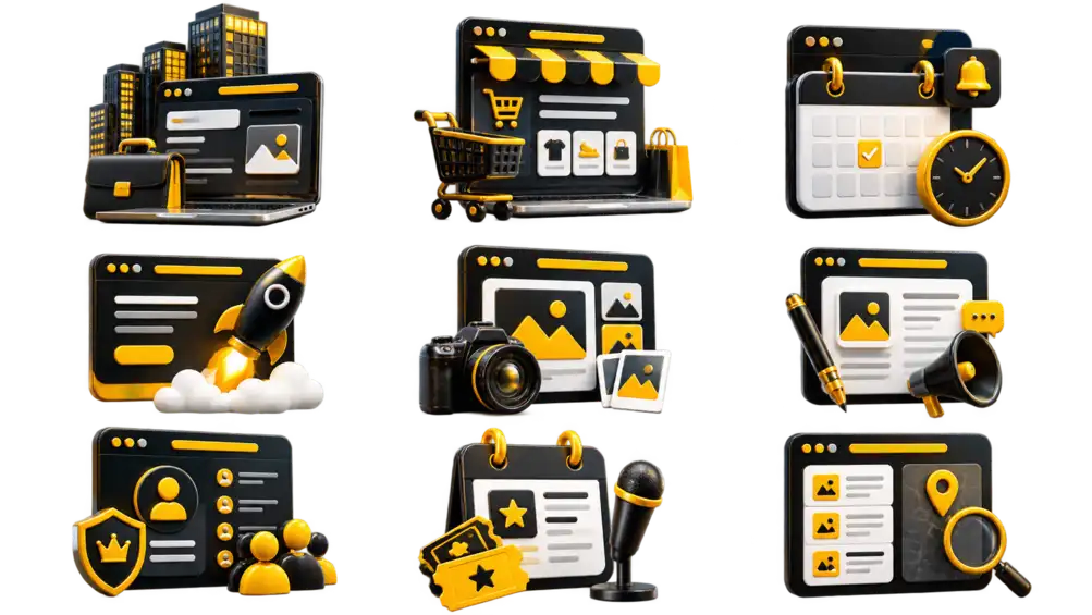 Wix website category icons for business, ecommerce, booking, portfolio, membership, events and directory websites