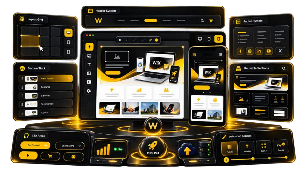 Wix Studio visual builder control room showing layout grid, sections, header, footer, responsive preview and reusable components