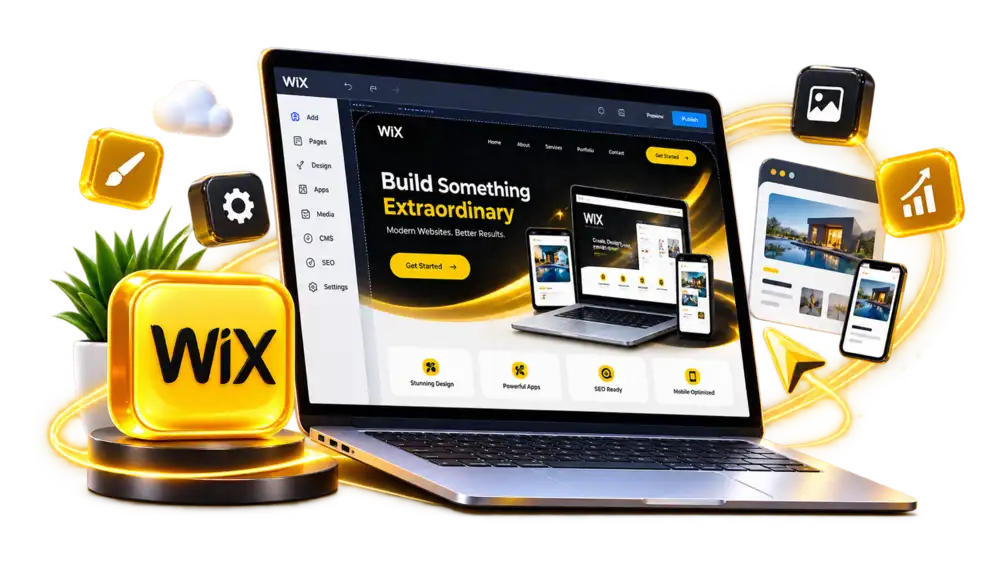 Wix Studio website builder shown on laptop and mobile with ecommerce, booking, SEO and responsive design features