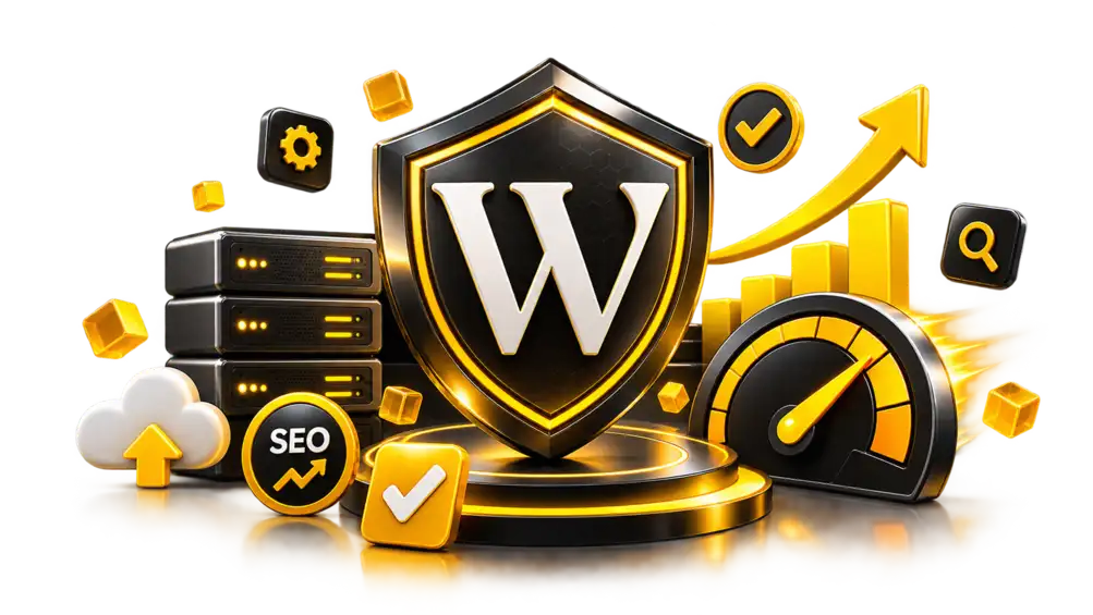 Wix performance, security, SEO and growth illustration with shield, speed gauge and server stack