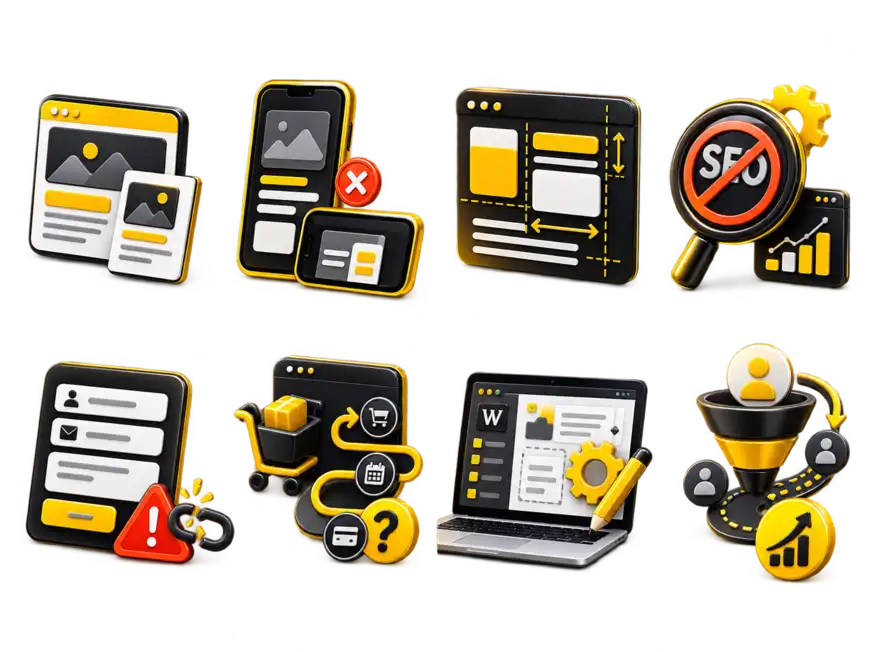 Visual examples of common website problems including mobile, SEO, form, ecommerce and layout issues