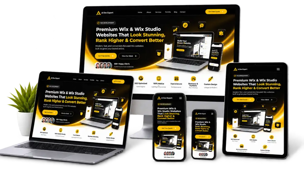 Wix website displayed responsively across desktop, laptop, tablet and mobile devices