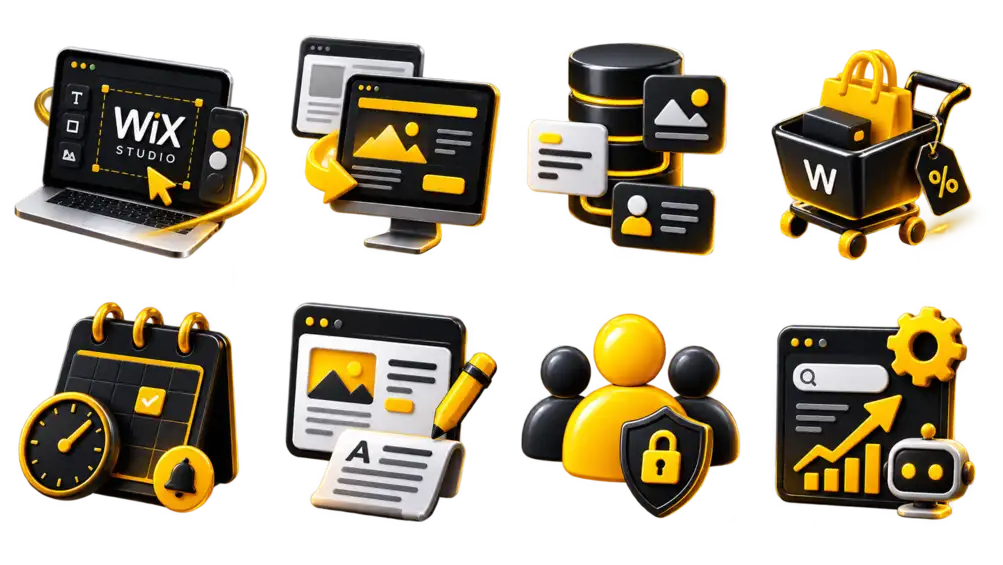 Wix service illustrations for Studio design, CMS, ecommerce, bookings, memberships, SEO and automation