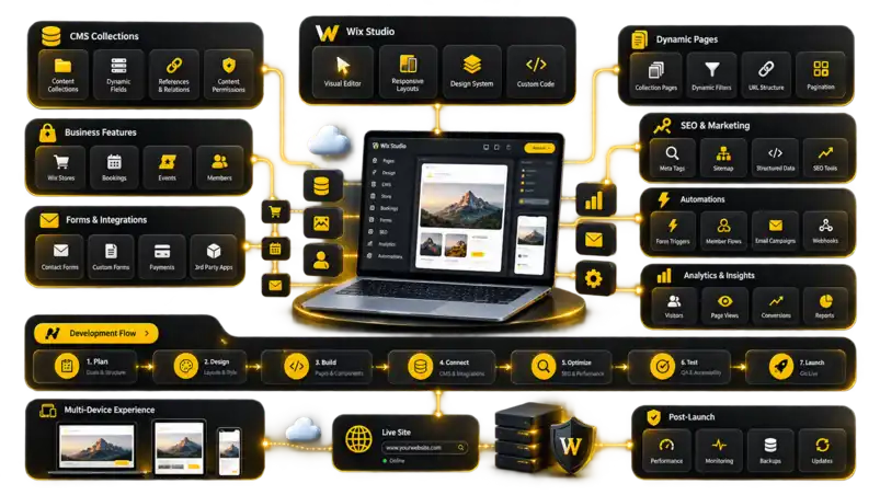 Wix Studio architecture map connecting CMS, business features, dynamic pages, SEO, automations, analytics and launch workflow