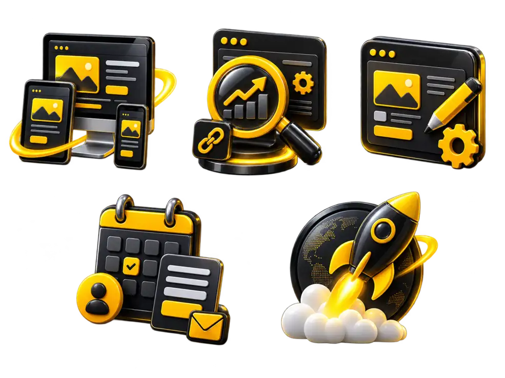 Wix website technology icons representing responsive design, SEO, ecommerce, bookings and launch support