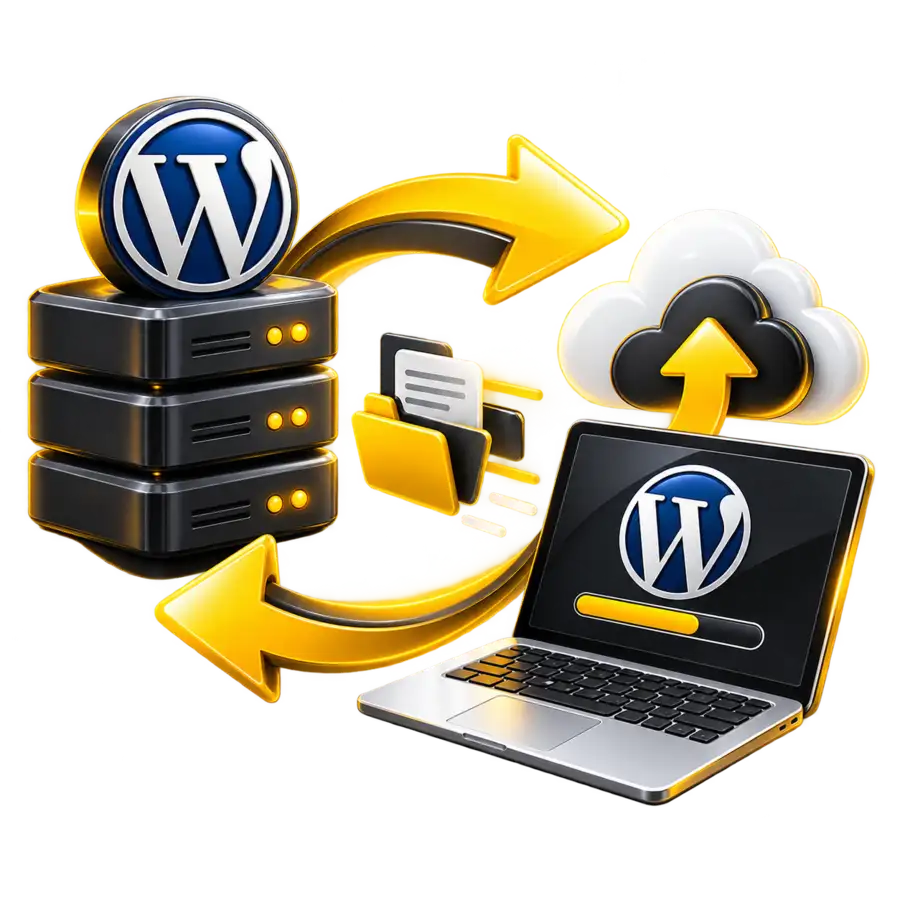 WordPress migration workflow with server, cloud, files and upgrade path