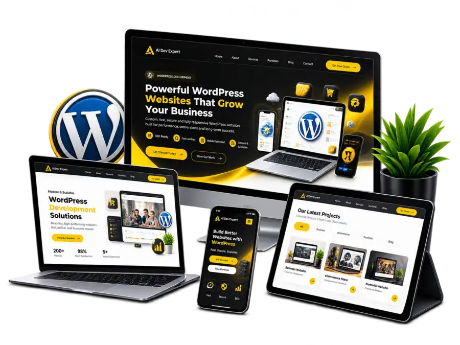 Responsive WordPress website system displayed across desktop, laptop, tablet and mobile devices