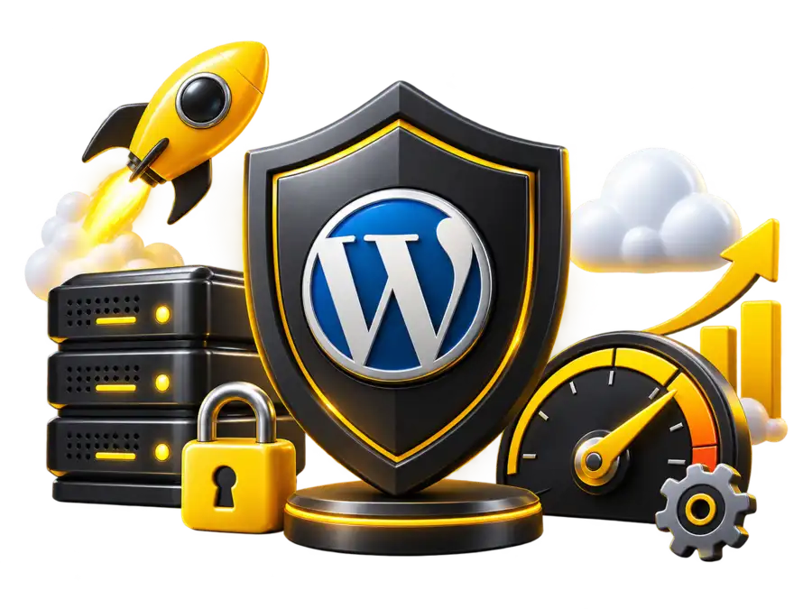WordPress security, server protection, performance optimization and growth illustration